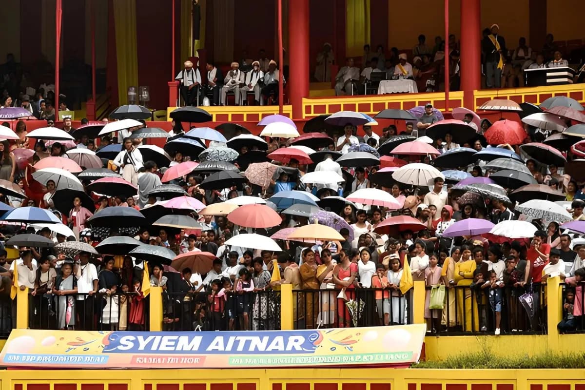 People from the Pnar community attend the Behdienkhlam festival in Jowai