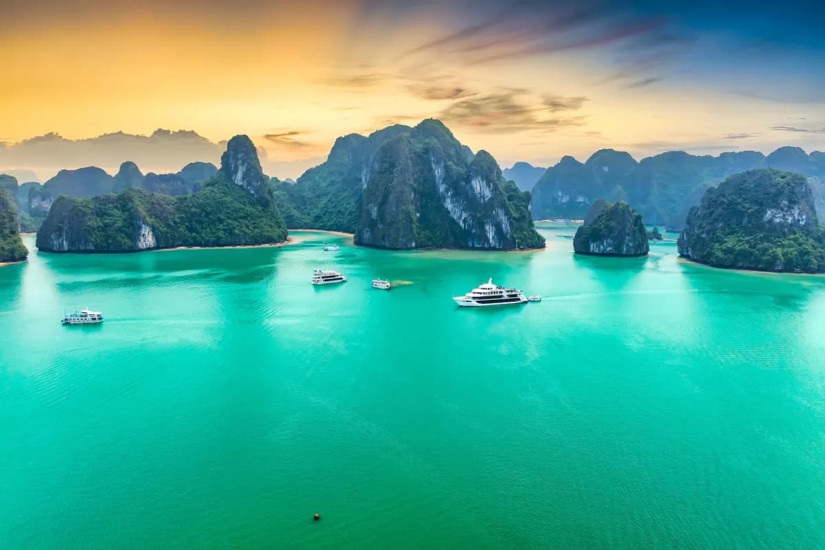 Scenic View of sunset landscape in Halong Bay