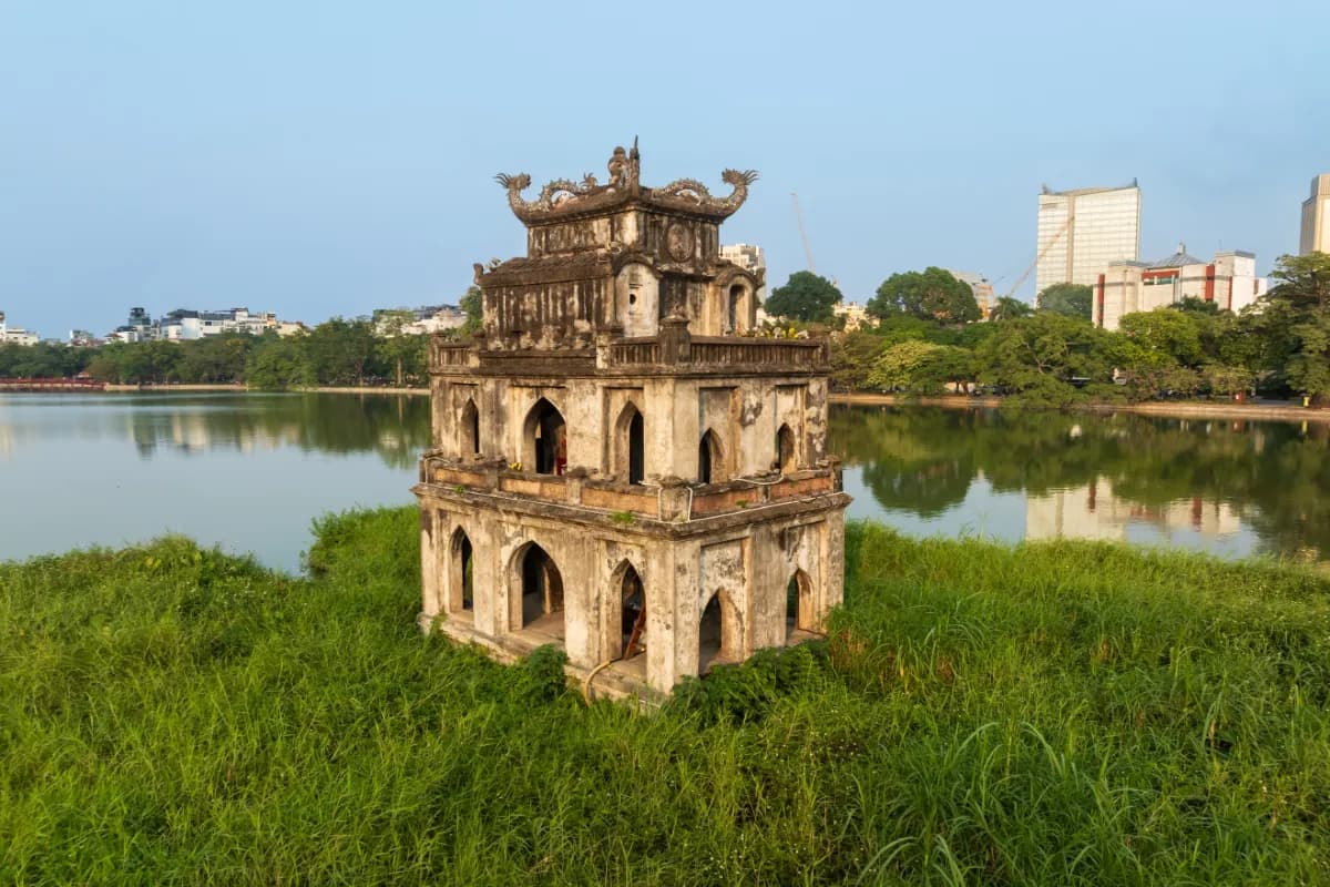 Drone closed view of Turtle tower in Hoan Kiem lake in Hanoi Vietnam