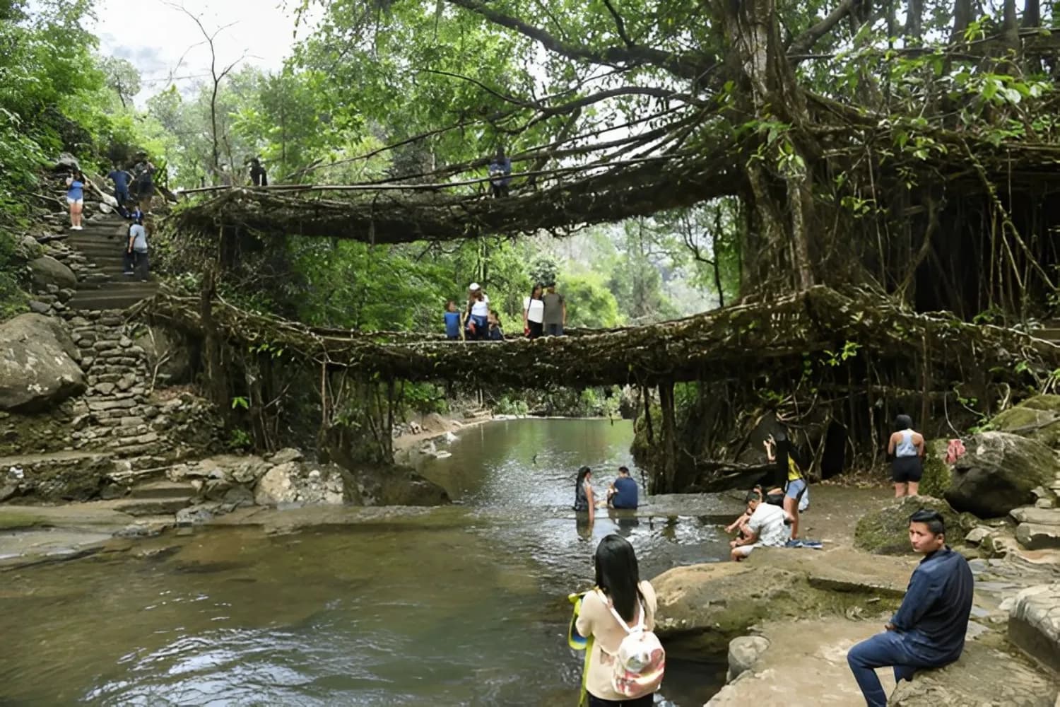 Tourists enjoy the double decker living root bridge