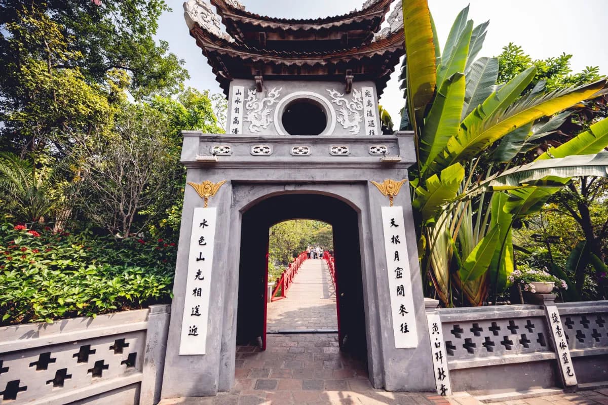 A scenic view of the arch located in Ngoc Son temple in Vietnam