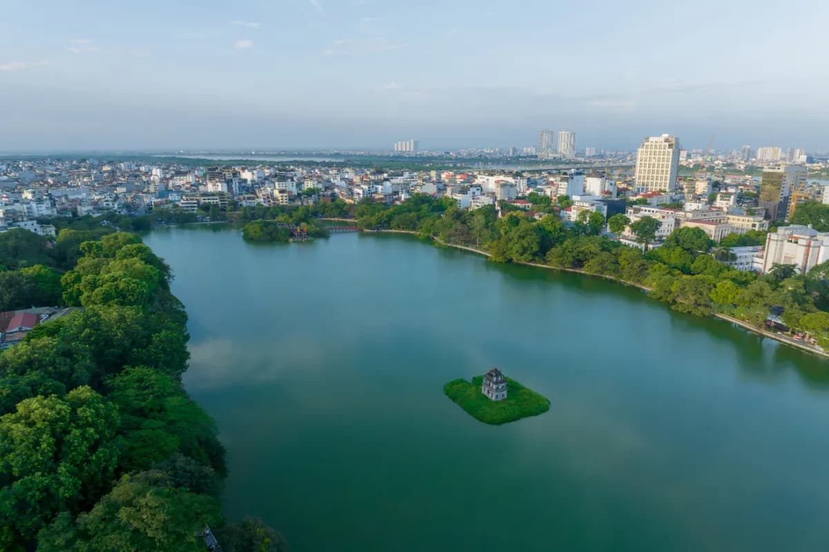 Aerial skyline view of Hoan Kiem lake