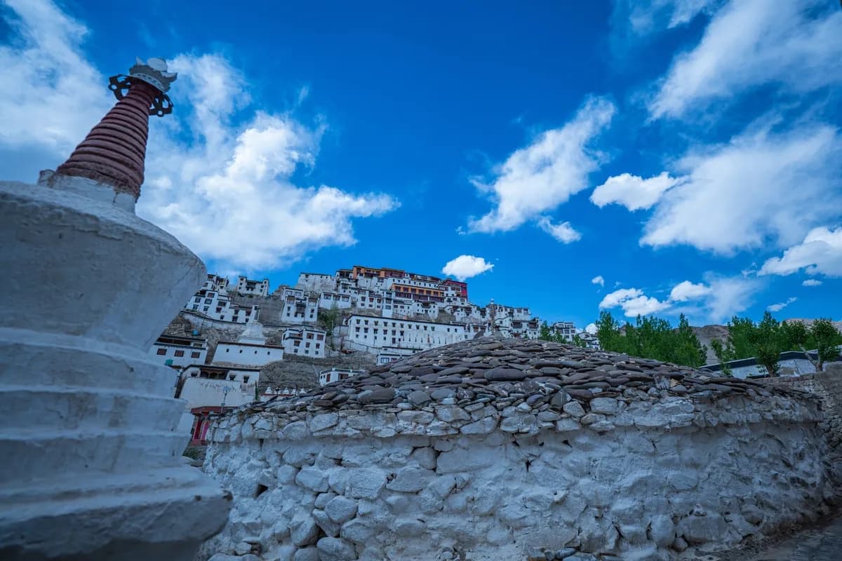 Panoramic view of Shey Palace in the scenic landscapes of Ladakh
