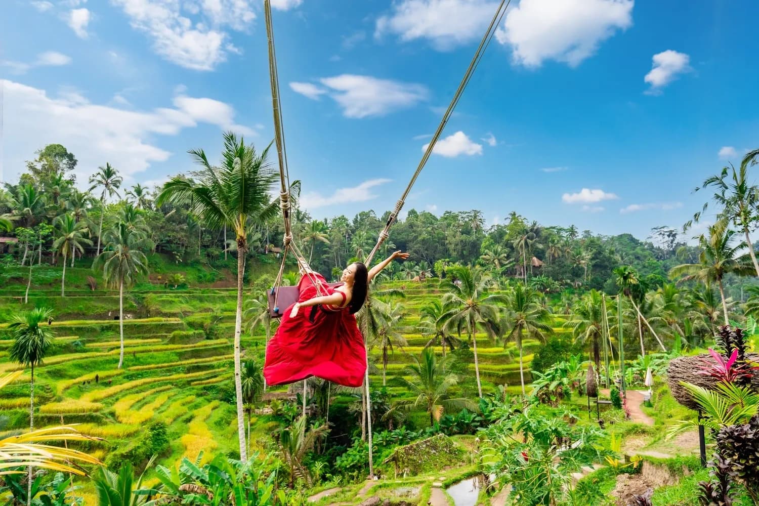 female tourist enjoying the Bali swing at tegalalang rice terrace in Bali