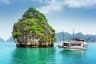 Beautiful view of karst isle and tourist boat