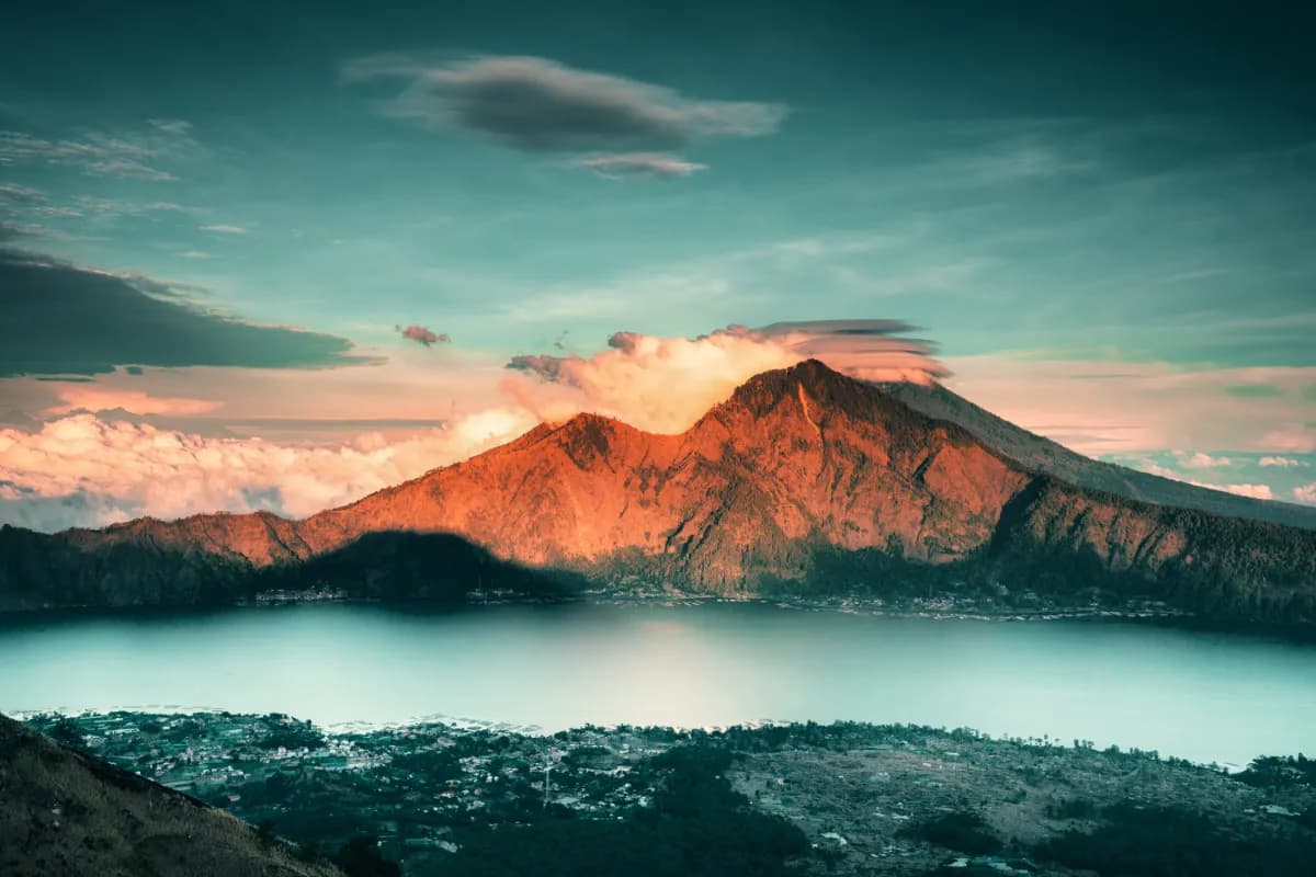 Beautiful sunrise from the top of Mount Batur in Bali