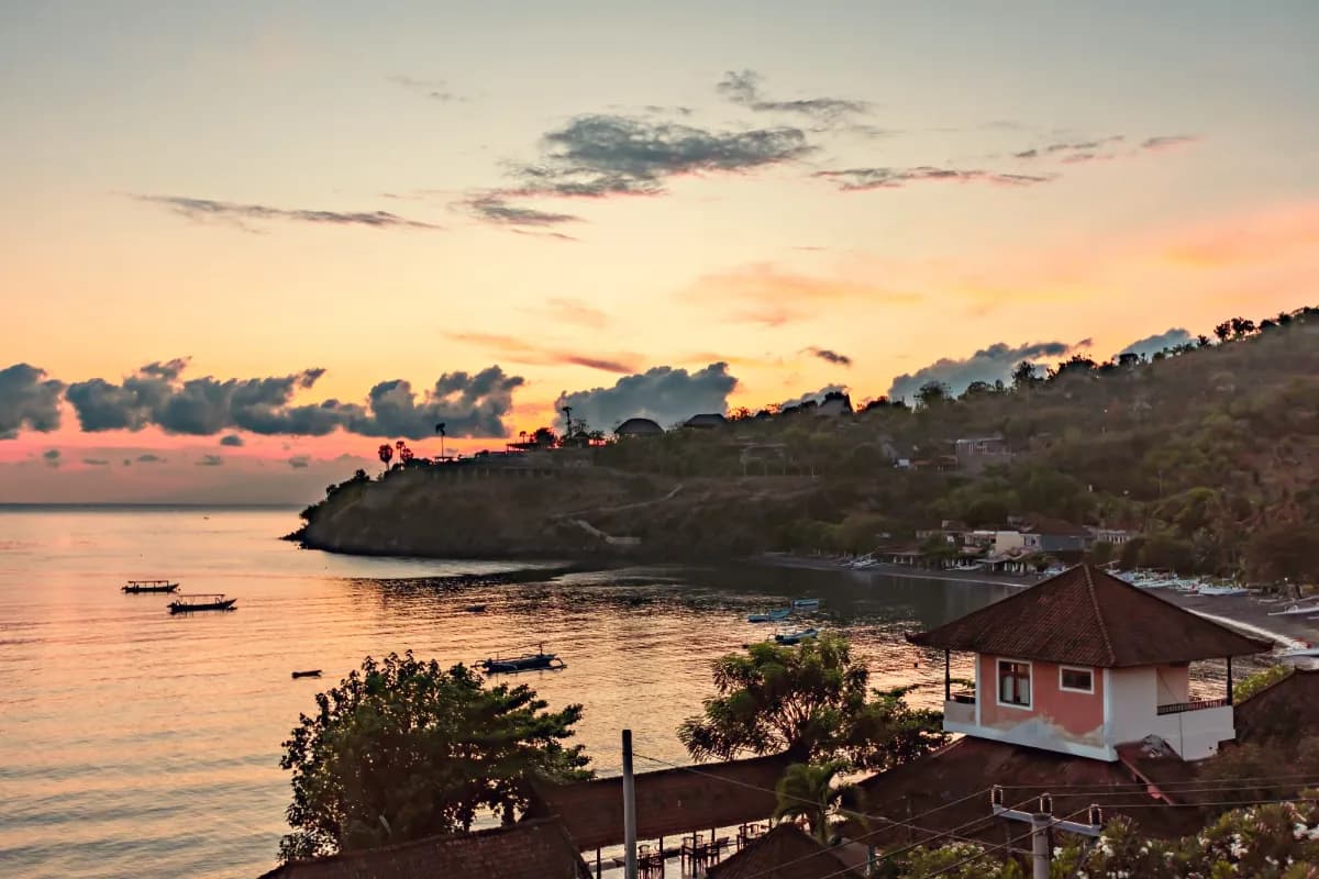 Beautiful sunrise over the sea at Amed beach in Bali