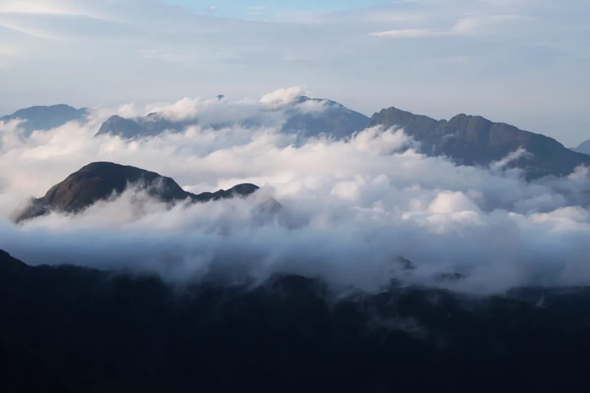 Landscape Fansipan mountain top view with Fog Misty cover at Sapa Vietnam