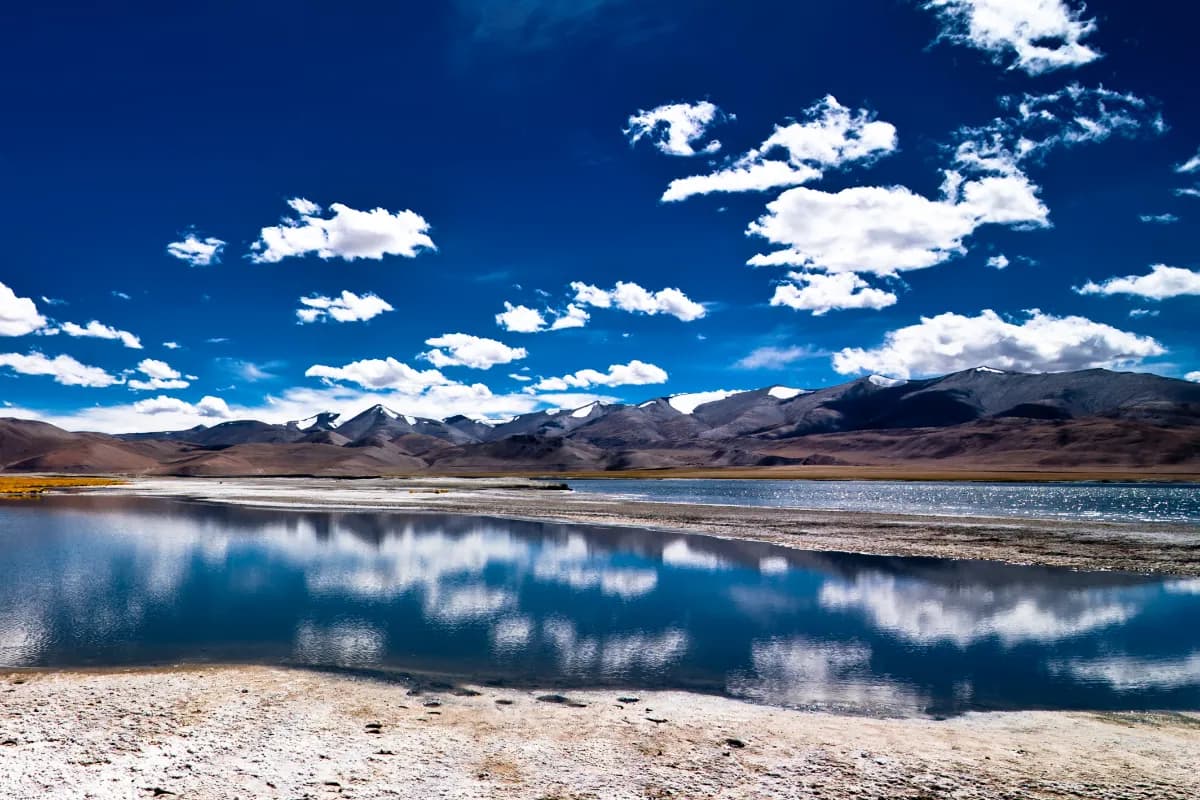 Himalaya high mountain landscape panorama with salt lake Tso Kar under blue sky
