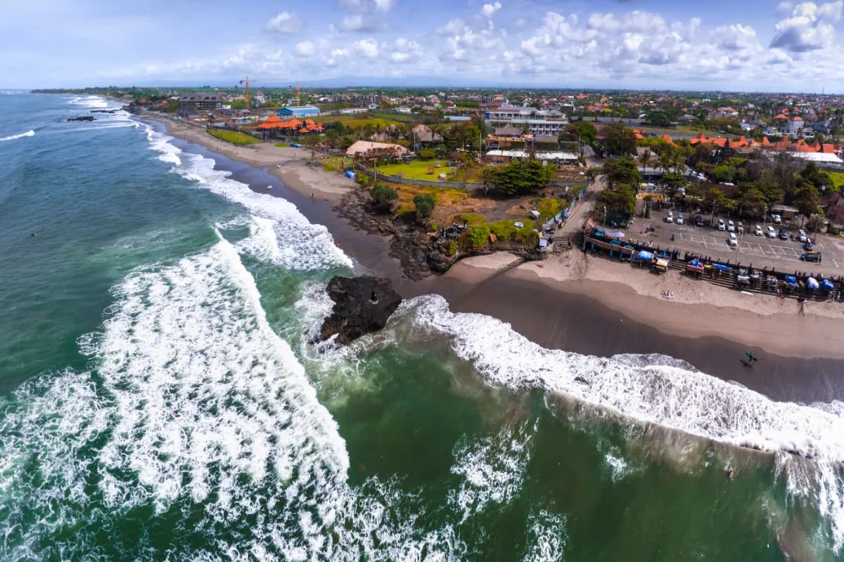 Aerial panorama of the beach of Batu Bolong in Bali